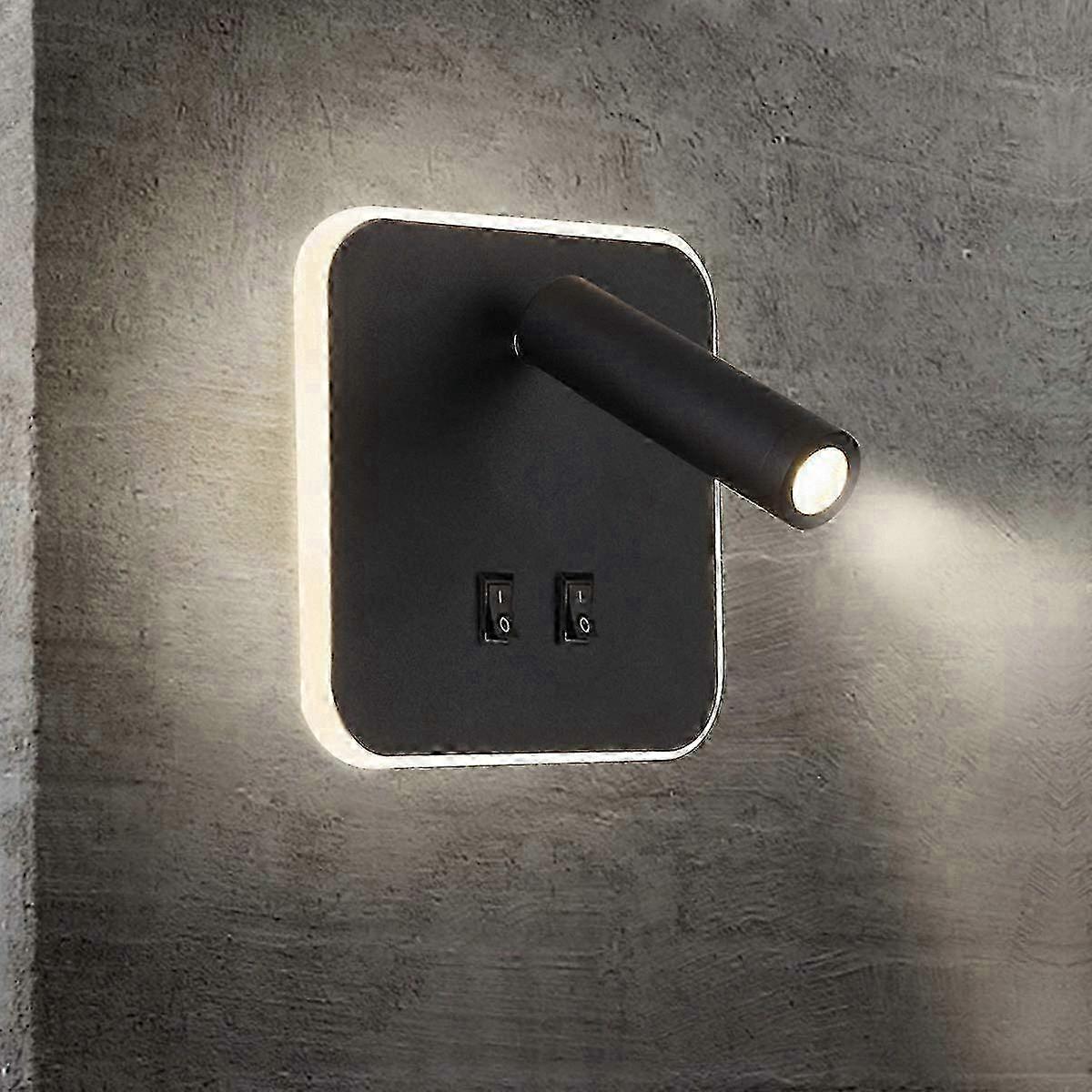 Modern LED Wall Lamp for Bedroom and Hotel Corridor, 3W+10W Square Design with Switch, Black Finish hwy