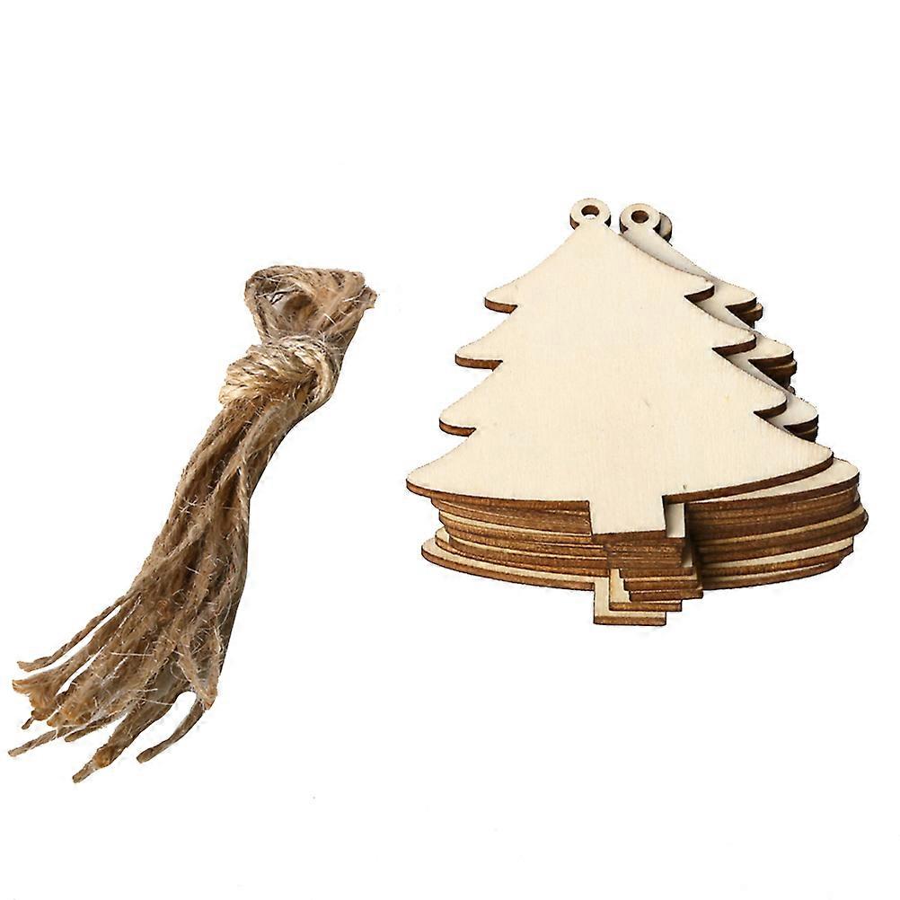 10pcs Wooden Christmas Tree Pendants with Hemp Rope for DIY Craft and Hanging Ornaments