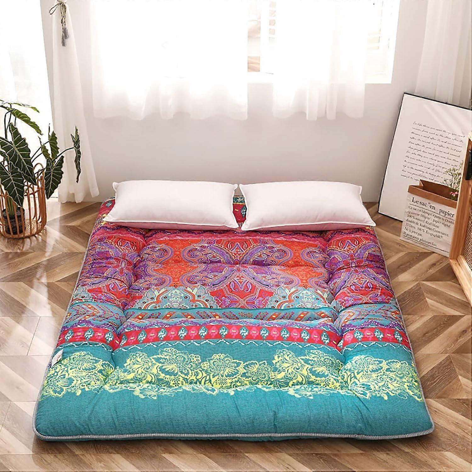 Thickened Japanese Futon Mattress Twin Size 90x200 cm (35x79 in) Retro Floral Portable Roll Up Floor Mat Camping