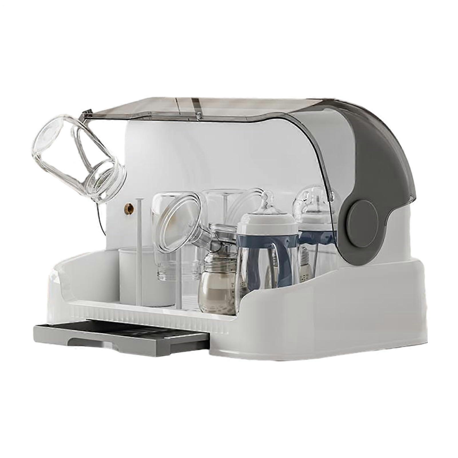 Baby Bottle Storage Box Dustproof Drying Rack With Removable Drip Tray Portable Organizer For Teats Cups Pump Parts Gray With Bracket