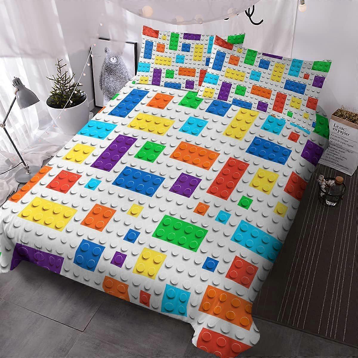Twin Duvet Cover Set - Soft Colorful Building Blocks Bedding Set Fun Geometric Brick Pattern Comforter Cover Yellow Orange & Green - Gaming Bedspread