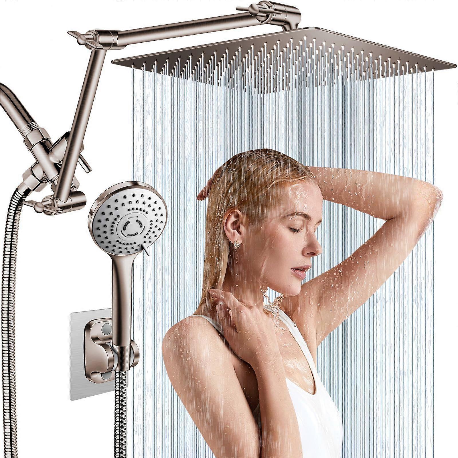 12' Rain Shower Head Combination Pressure With 16' Extension Arm Adjustable, 5 Spray Settings, Brushed Nickel