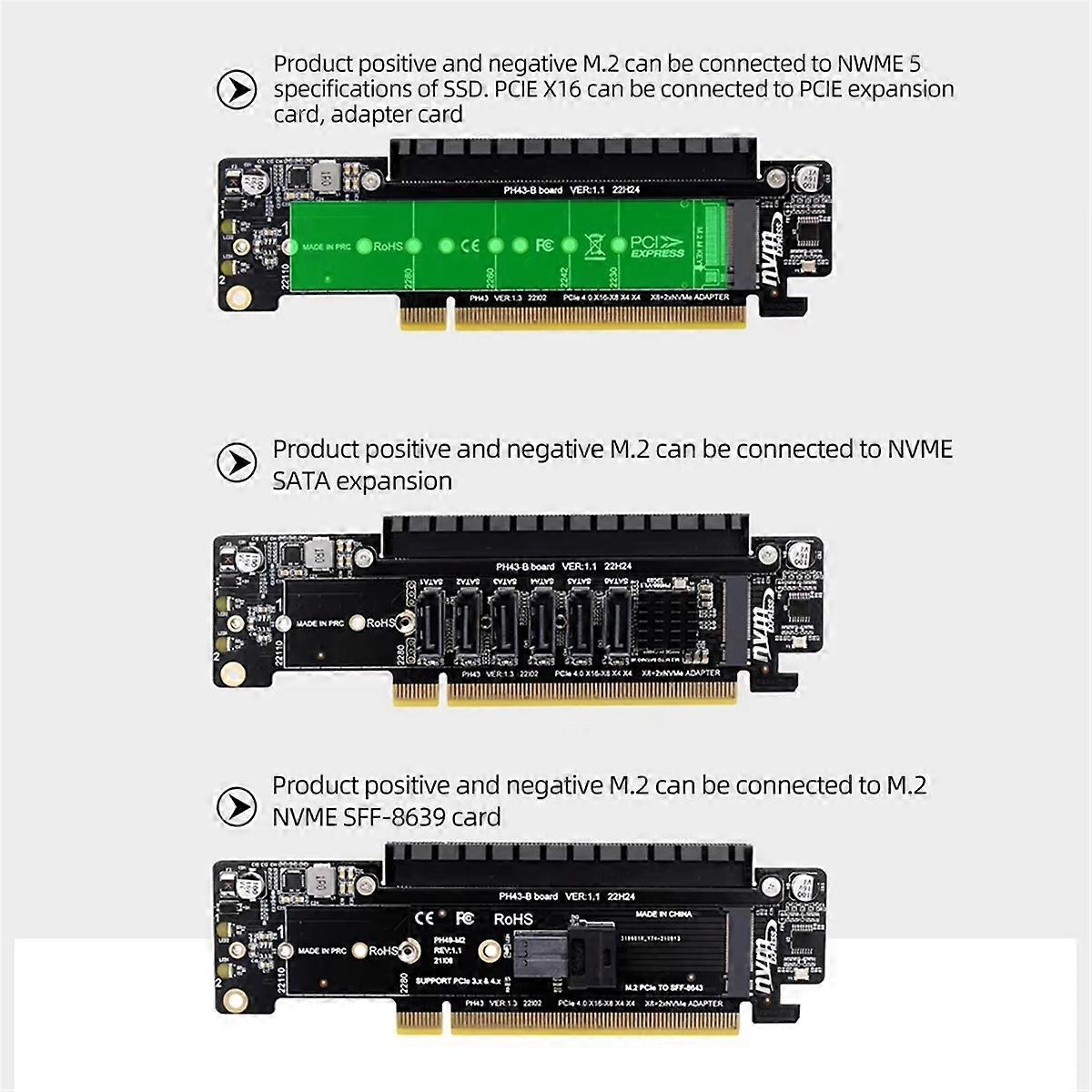 PCIe X16 to X8+X4+X4 Split Expansion Adapter Card PCIE4.0 M.2 NVMEx2 Input Ports Support 2280/2260/2242/2230 SSD