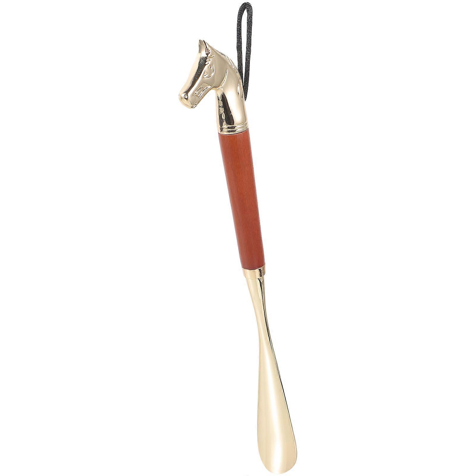 Telescopic Metal Shoe Horn With Long Handle Horse Head Design For Seniors Made Of Alloy And Wood For Daily Use 1Pcs