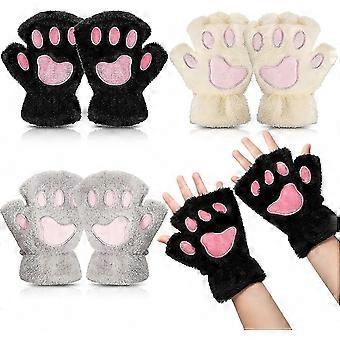 Kattenpoothandschoenen 3 paar Kawaii Cosplay imitatiebont pluche vingerloze handschoenen voor meisjes vrouwen zwart wit grijs