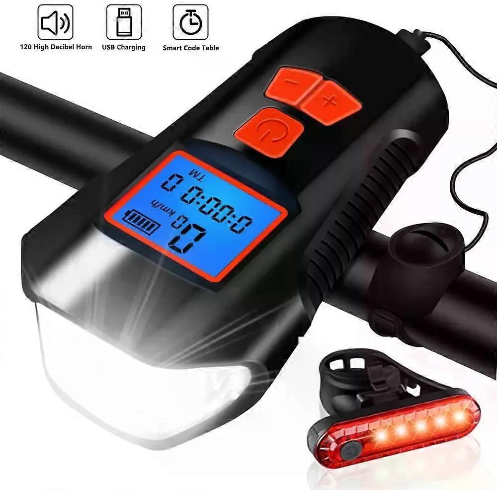 Bike Light Set Bicycle Headlight with Horn and Speedometer Odometer USB Rechargeable Bike Front Light and Tail Light