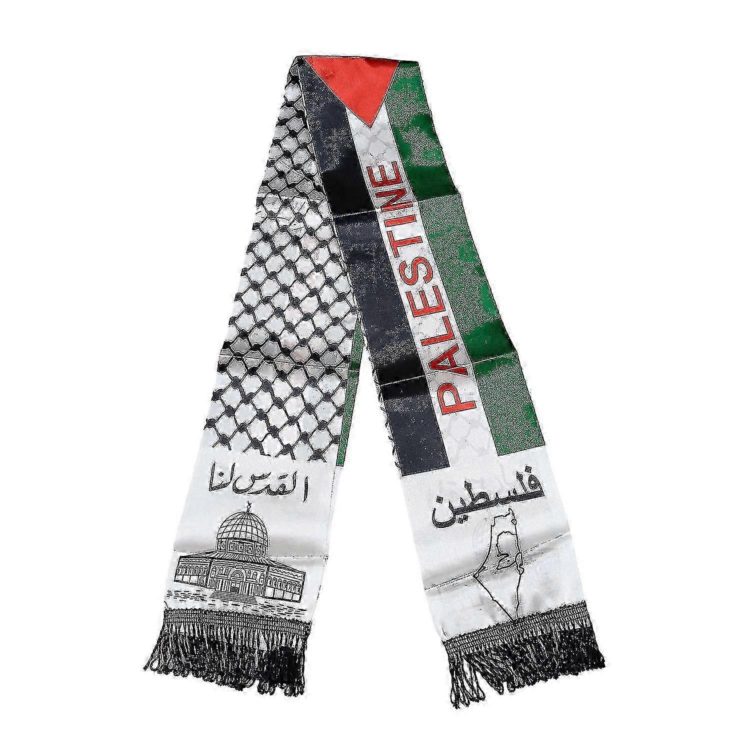 2 Pcs Palestine Nation Flag Print Scarves Fringed Satin Color Unisex Smooth Custom Party Neck Wraps