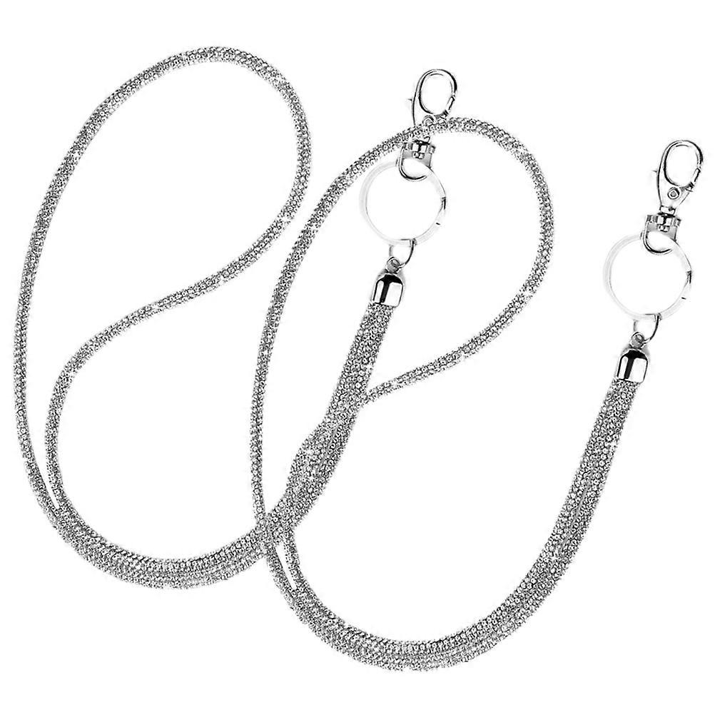 Chaveiro prateado com strass, chaveiro para celular, conjunto com 2 peças e material metálico.