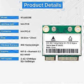 Placa de rede WiFi 6 RTL8852BE com antenas de 10DBI, 1800Mbps, banda dupla, 2,4G/5GHz, BT 5.2, interface Mini PCI-E para Windows 10/11