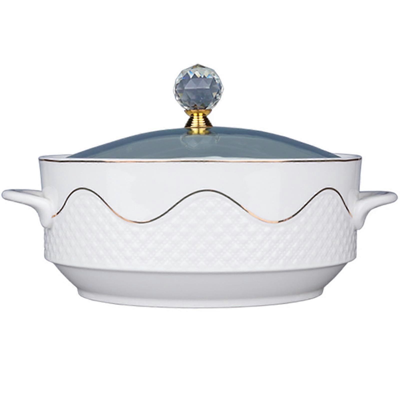 Large Ceramic Soup Bowl with Lid and Handles, White Porcelain Tureen 1600ml for Home and Restaurant