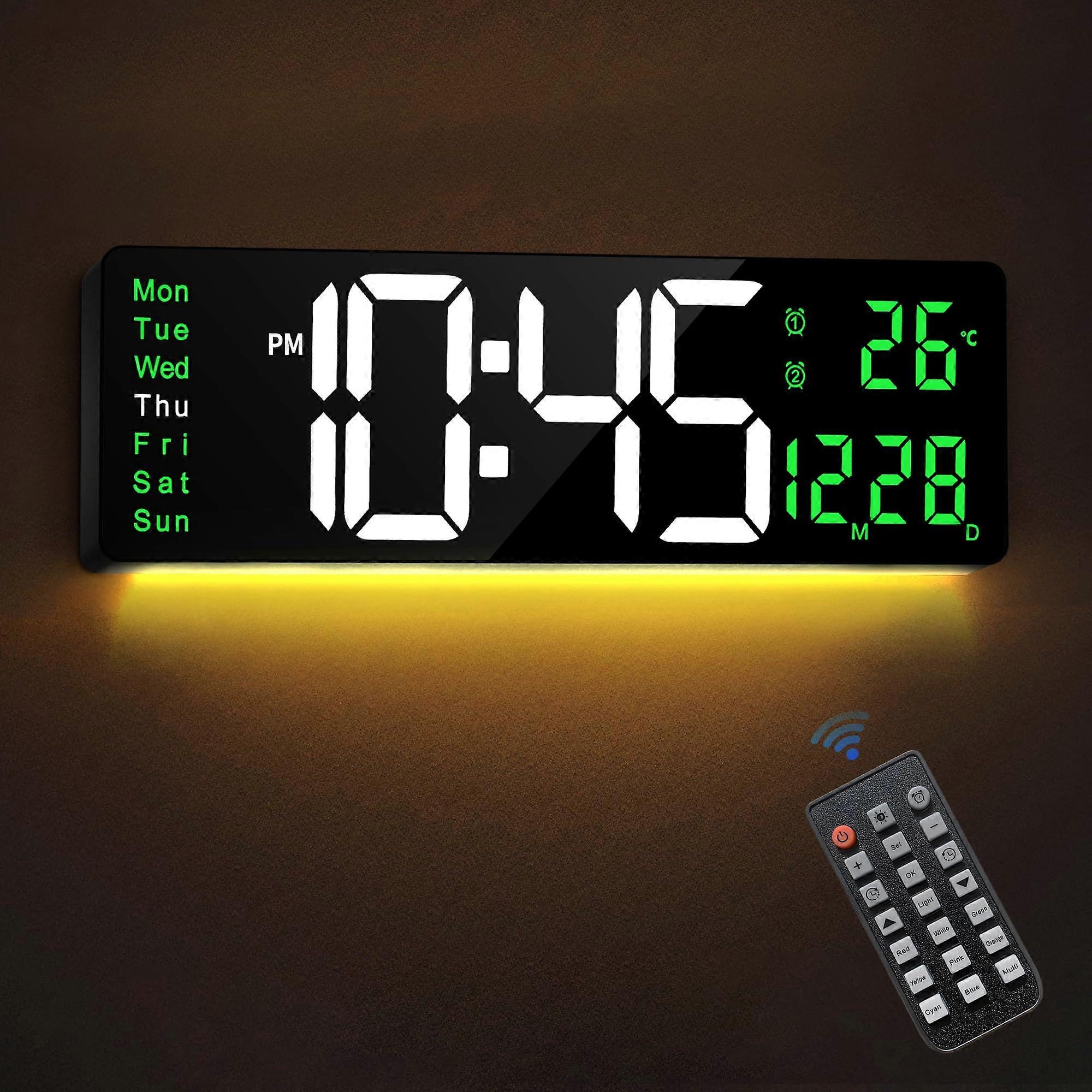 16 Inch Large LED Digital Wall Clock with Remote, Date, Temperature, RGB Night Light, Dual Alarm