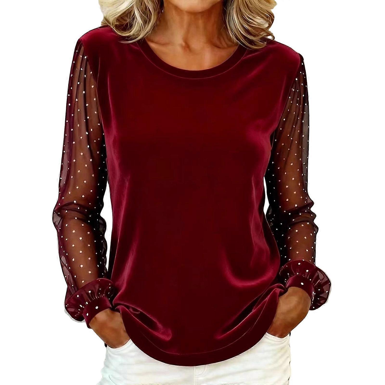 Women’s Velutum Tops Round Neck Mesh Splicing Sleeve Blouse Long Sleeve Soft Velutum Shirts Elegant Clothing  Claret XL