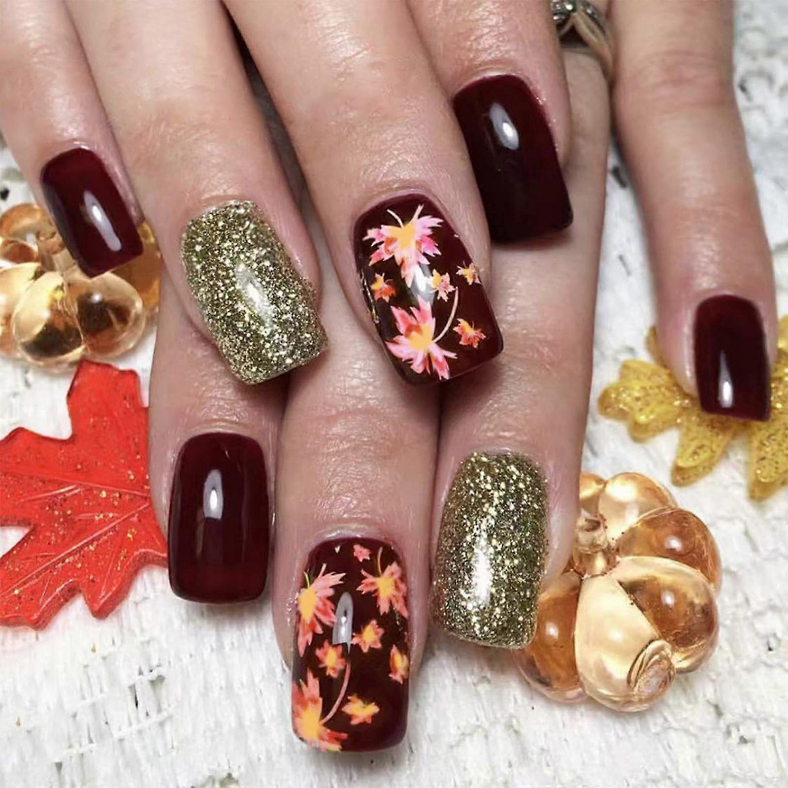 Red Glitter Maple Leaf Press On Nails Set Short Square Full Cover Reusable Autumn False Nails 24Pcs