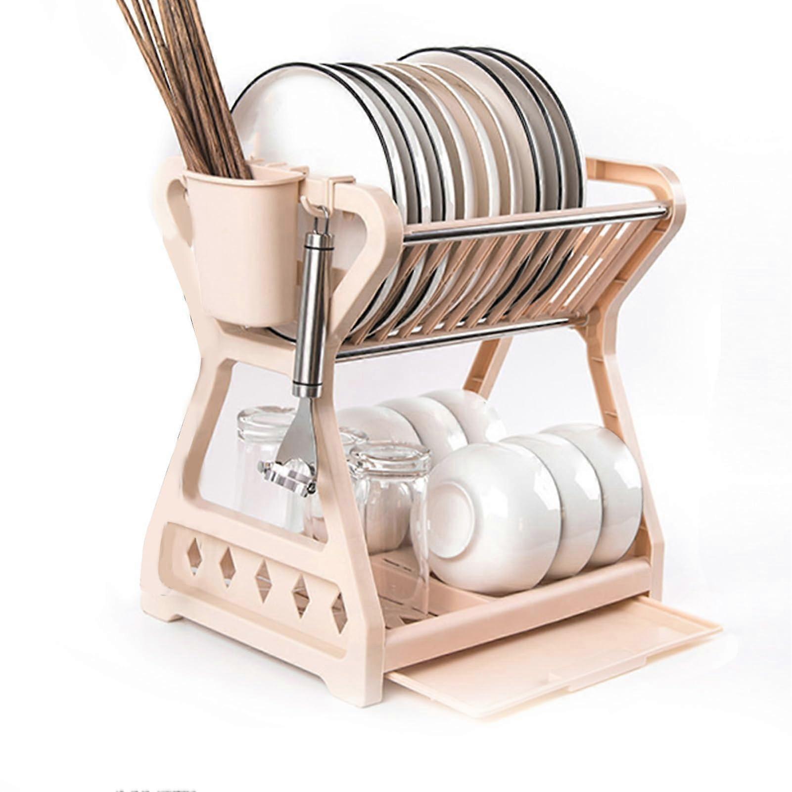 Dish Drying Rack with Drainage, SpaceSaving MultiLayer Plastic Dish Drainer for Kitchen Countertop