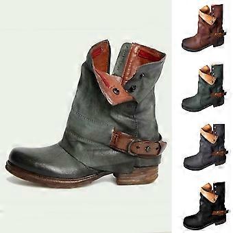 Damen-Kunstlederstiefel, warme Winter-Cowgirlstiefel, Stiefel mit Umschlag, Gürtelschnalle, seitlichem Reißverschluss, niedrigem Absatz, Größe 9,5 (43)
