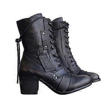 Womens Lace Up Mid-calf Boots Chunky High Heel Biker Boots Shoes