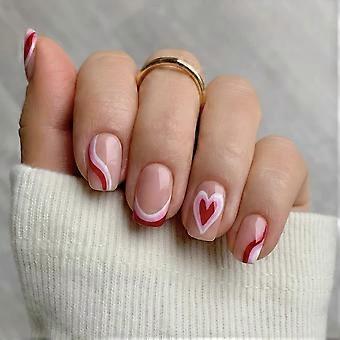 Valentine Press On Nails Short Square Fake Nails Set with Red Love Swirl Design Reusable Acrylic