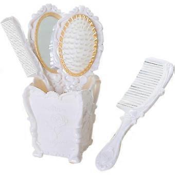 Hair Brushes Comb Holder Set with Mirror 4 Pcs Vintage European Style Hair Salon Hairdressing Combs with Storage Jar, White, One Size