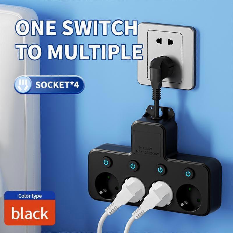 EU Plug Adapter 4 Separately Controlled AC Sockets, Optional USB & Type-C Charging Port