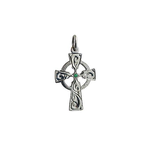 Silver 23x16mm hand engraved Emerald set Celtic Cross