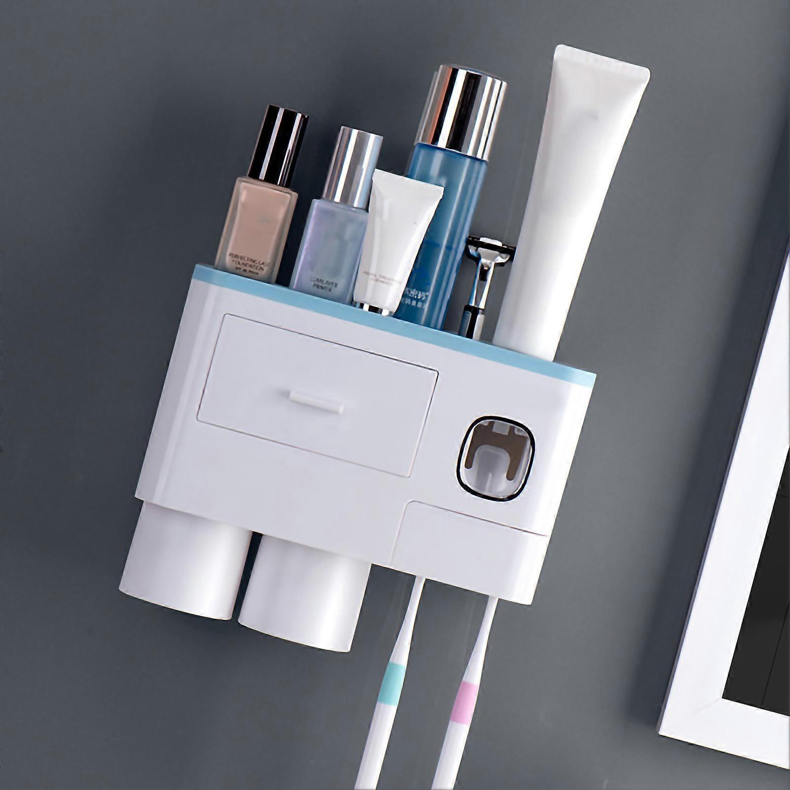Toothbrush Storage Rack Inverted Magnetic Adsorption Toothbrush Holder Toothpaste Squeezer 2 Blue Cups 