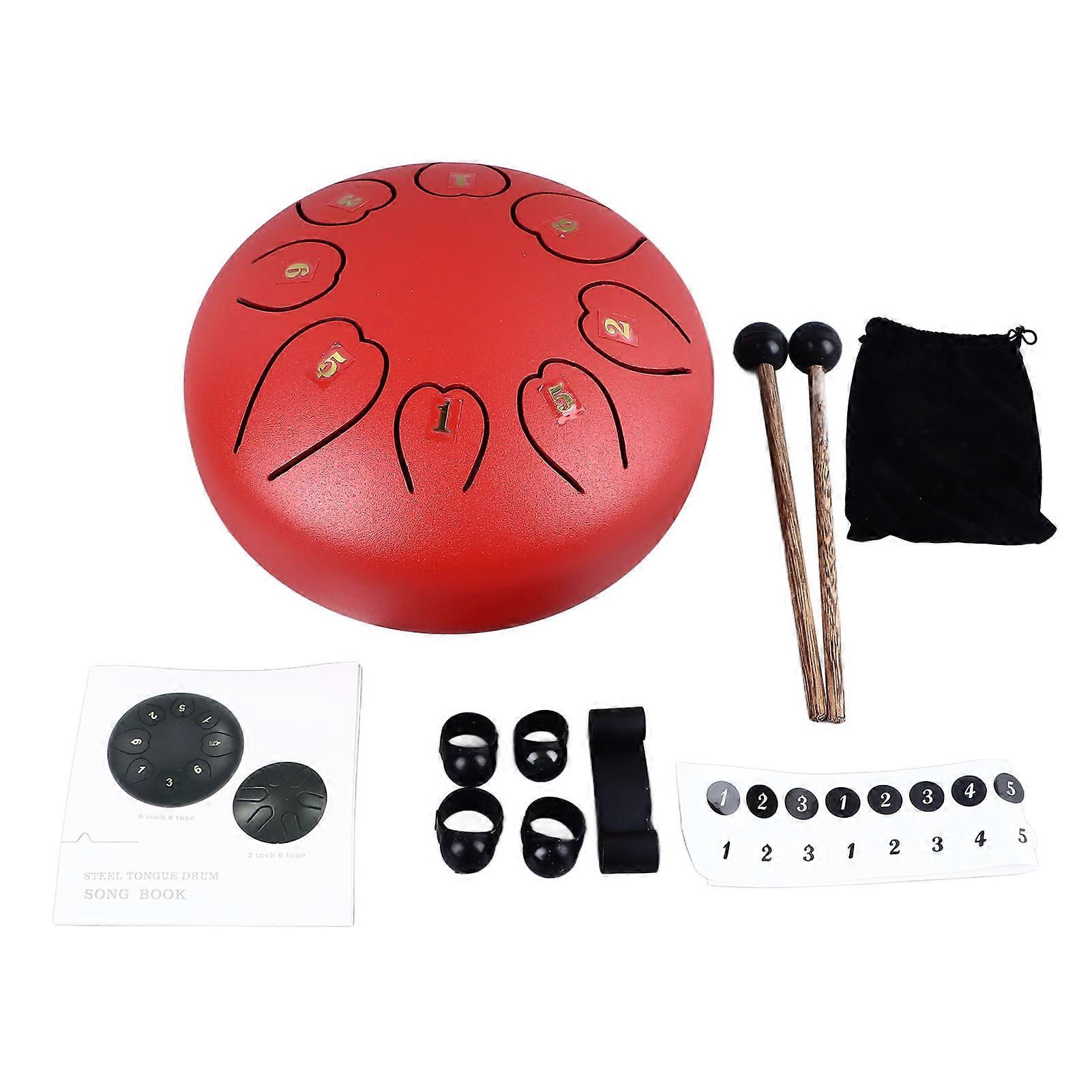 Tongue Drum 6 pouces 8 notes clair résonnant agréable son sans souci acier tambour à main mini instrument de percussion rouge