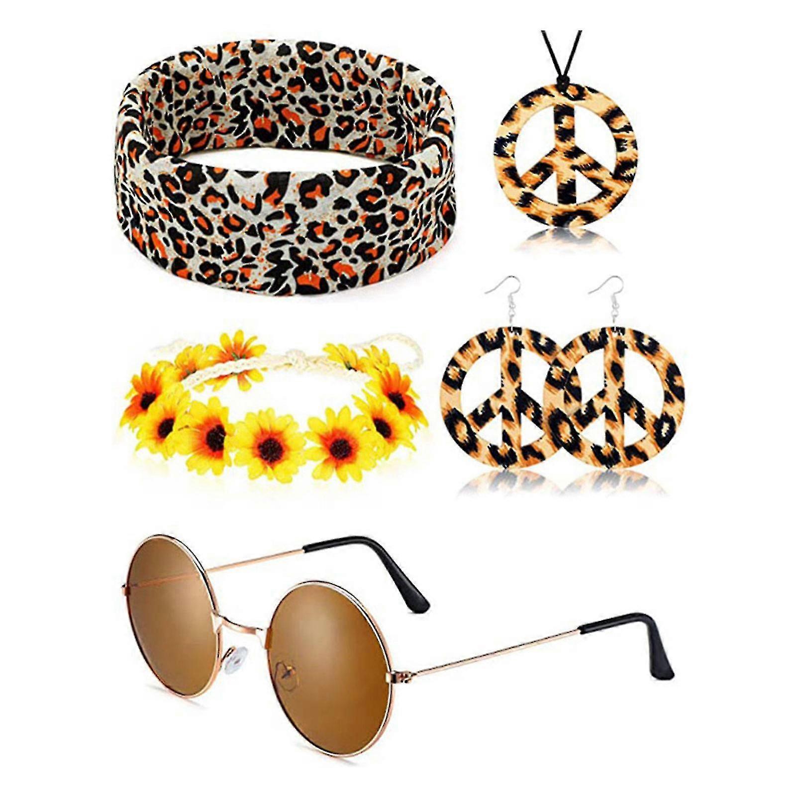 女性のための70年代のヒッピーコスチュームピースサインイヤリングネックレスヘッドバンドフリンジベストタッセル