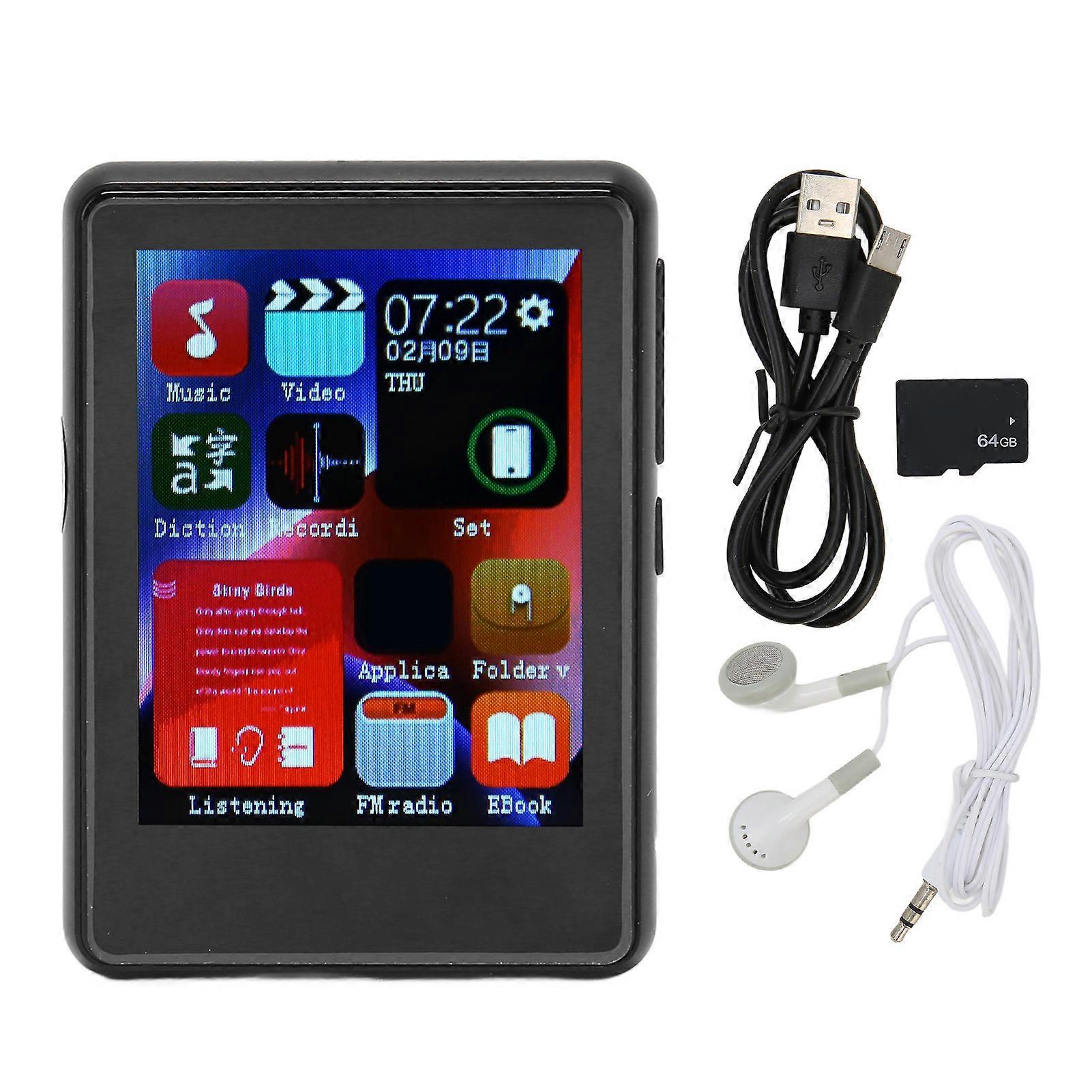 MP3 Player Bluetooth 5.0 HD Full Touch Screen Support Recording Music Player with FM Radio Electronic Book Speaker Black 4+64GB (Memory Card)