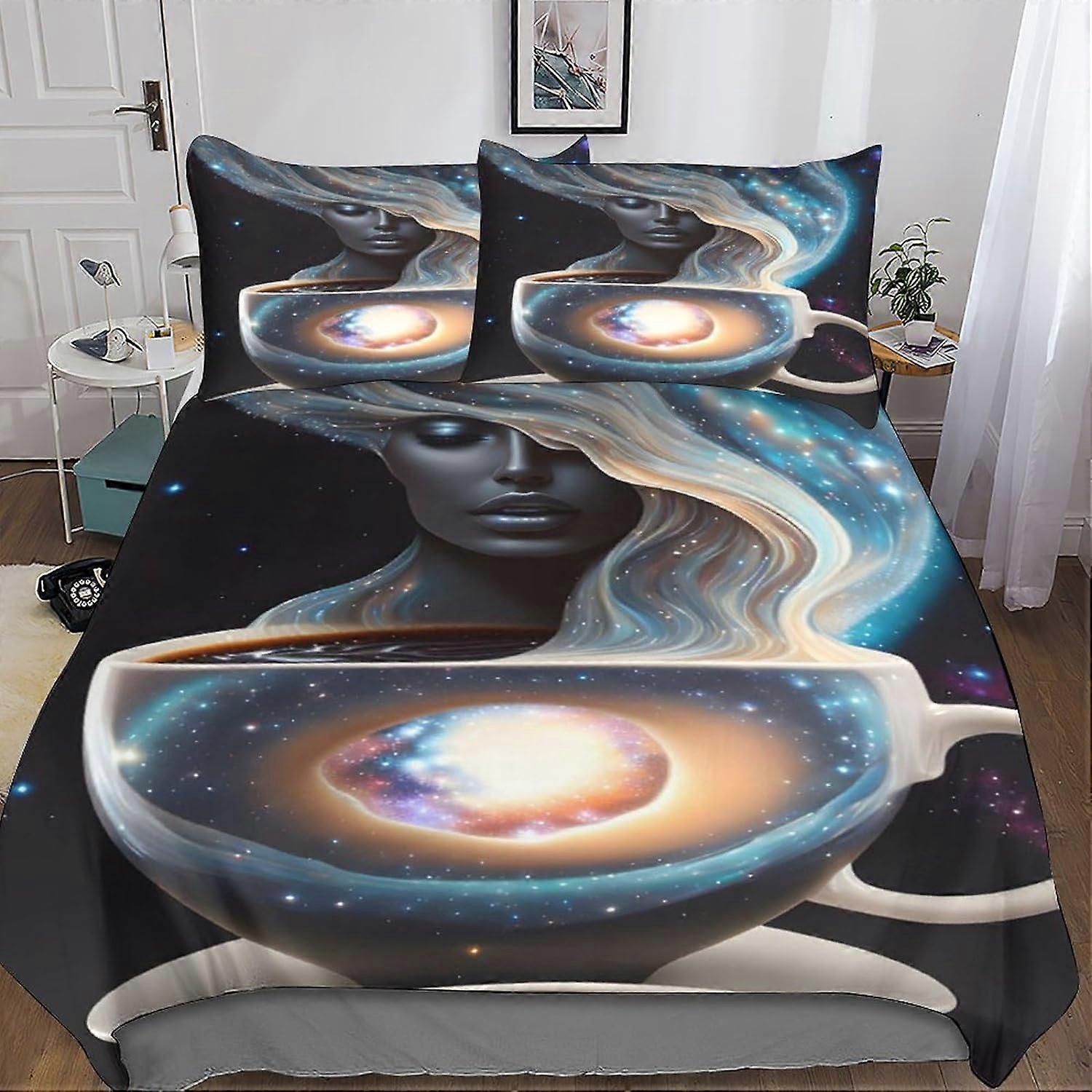 Cup Lady Galaxy 3D Bedding Set with AI Duvet Cover Pillowcase, with Zipper Closure Microfiber 3 Pcs Suitable for Boys and Girls