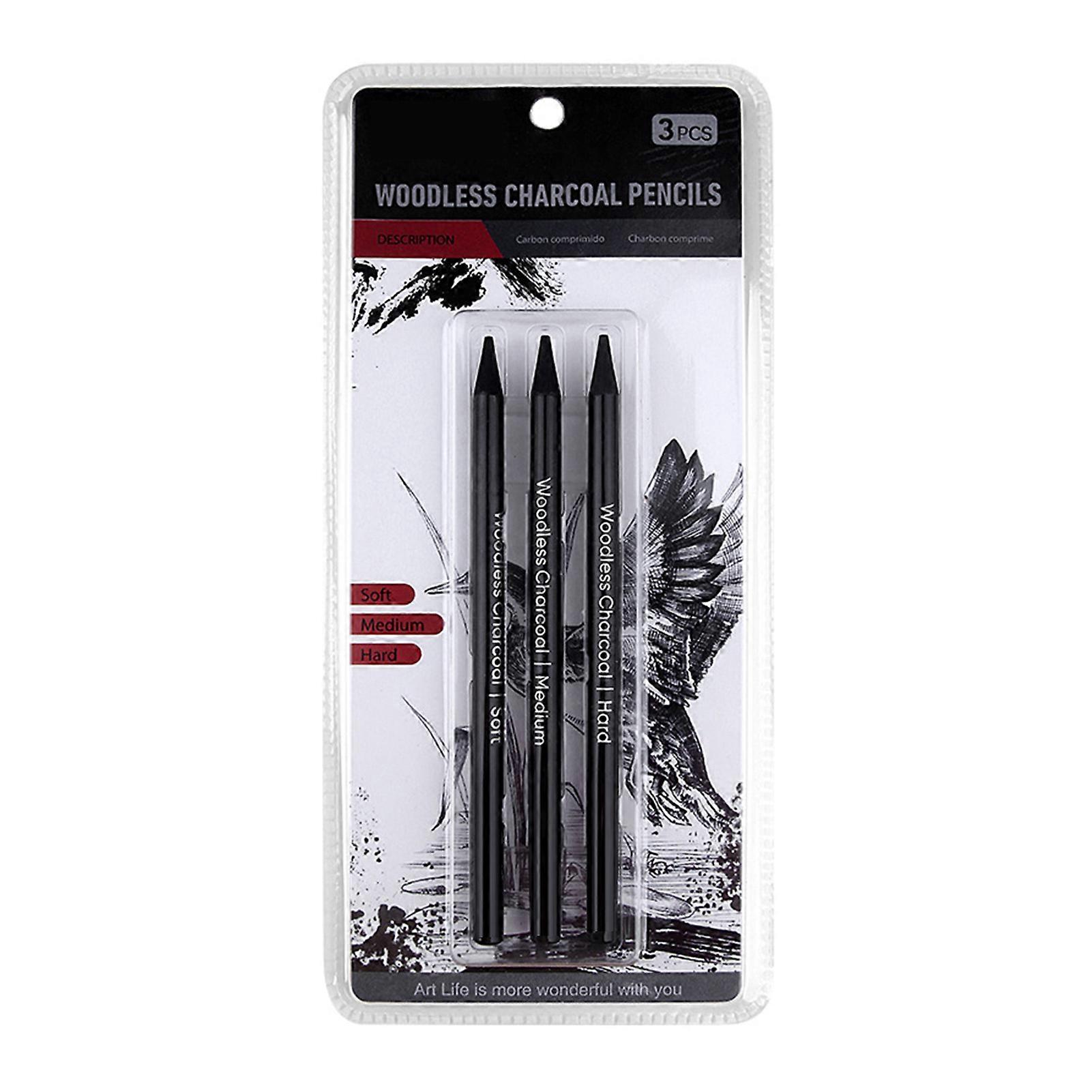 3pcs Charcoal Pencil Set Professional Artist Pencils Multipurpose Smoothly Pencils for Drawing Sketching Shading Black