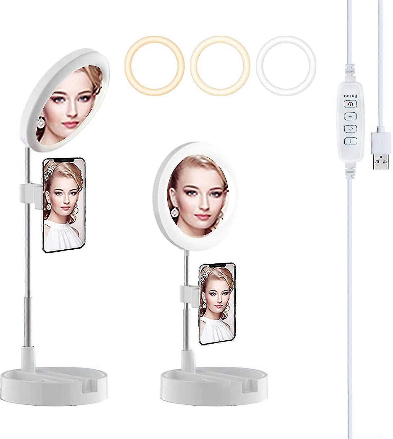 Led Ring Light Foldable Fill Light With Mirror Mobile Phone Holder With 3 Lighting Modes Scalable