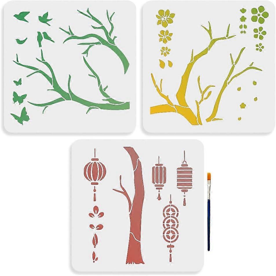 3pcs Chinese Style Tree Stencil 23.722 Splicing Large Traditional Flower Birds Tree Stencils with Paint Brush Spring Peach Blossom Lantern 11.811.8inc