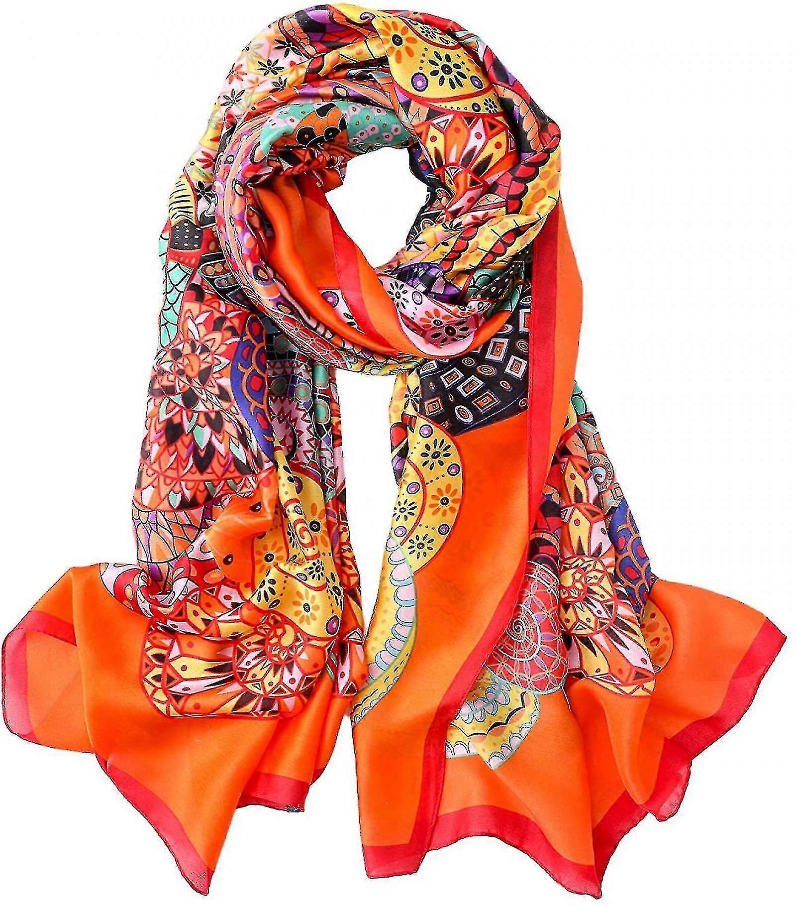 وشاح حريري للنساء أزياء الأوشحة شالات واقية من الشمس يلتف 71 "x35"، زهرة دائرة البرتقال