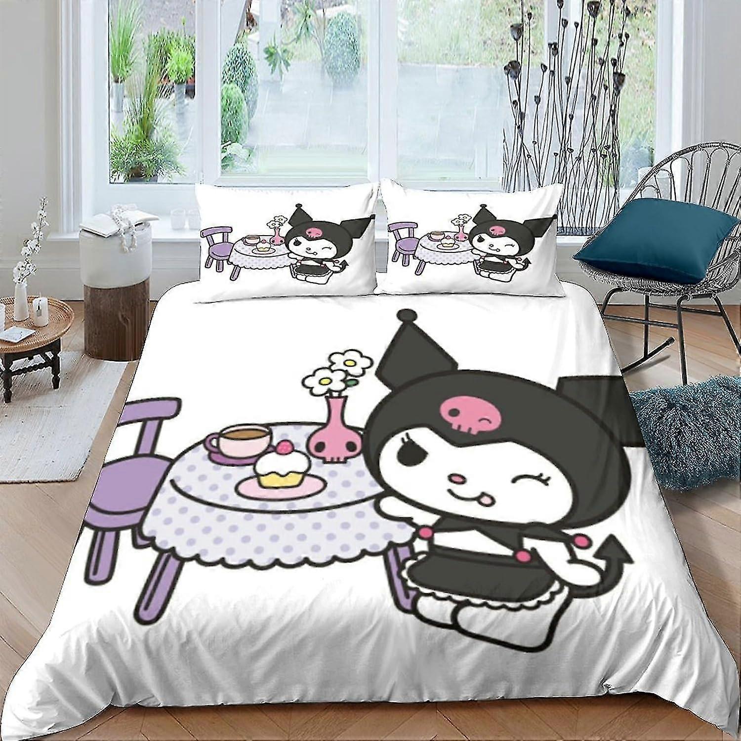 o3680 Lençóis Kuromi Colcha Capa para Meninos Meninas Personagens de Anime Impressos em 3D Capas de Edredom com Fronhas Conjunto de Cama Microf Macio