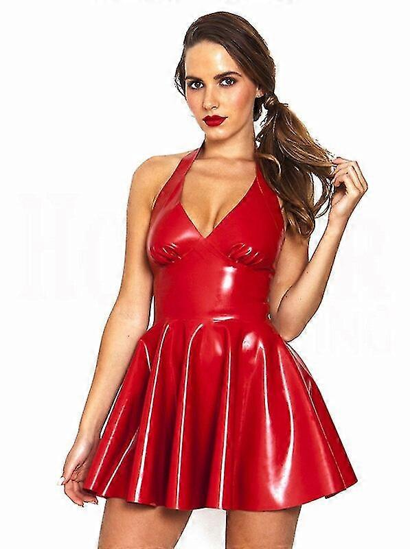 Sexy Halter Shiny Red Pvc Leather Dress Faux Leather Pleated Latex Mini  Dress Zipper Bodycon Nightclub Costume | Fruugo UK