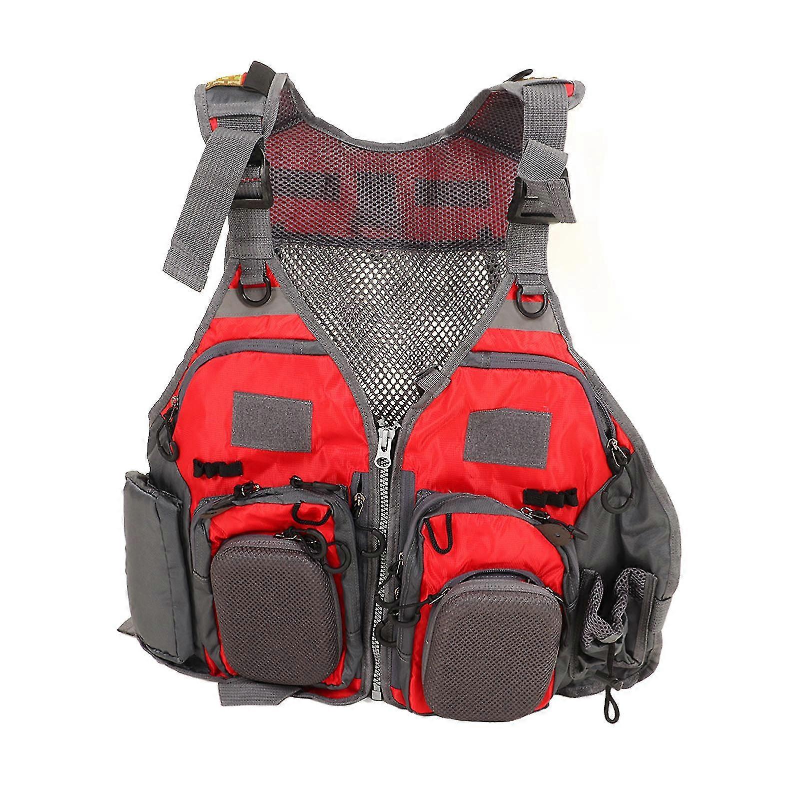 ATCLV Mesh Fly Fishing Vest Red Free Size Multiple Pockets Lightweight Breathable Vest for Outdoor Activity