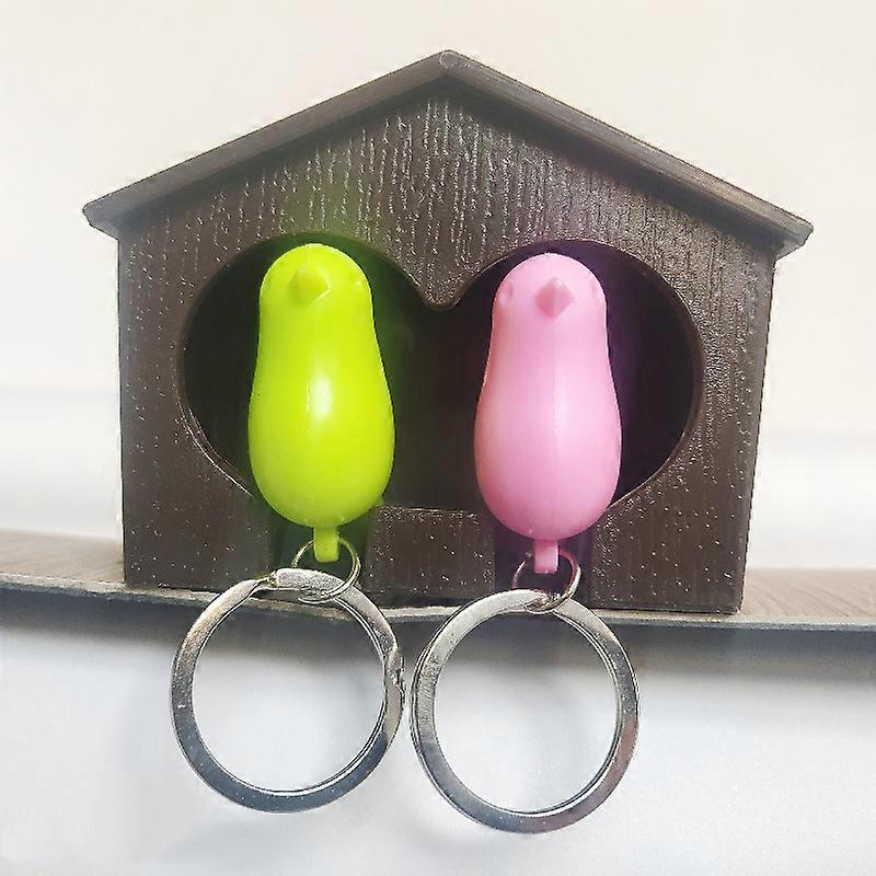 Key Tray, Drum Key Ring Rack With Two Sparrows Design(Pink + Green Bird)