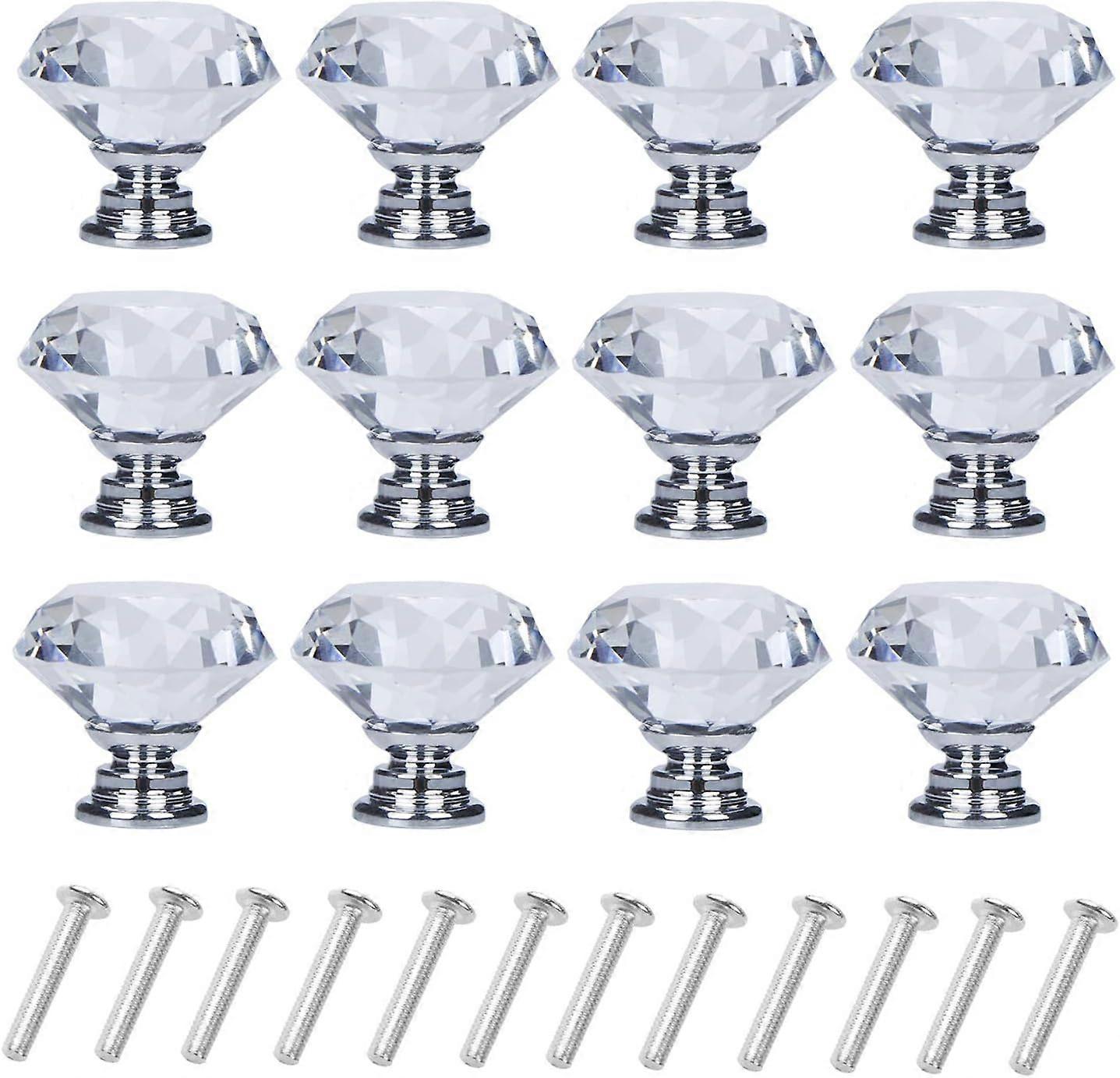 12 Pack Drawer Knobs Diamond Shaped Crystal Glass 30mm Cabinet Knobs Pull Handles (Silver)