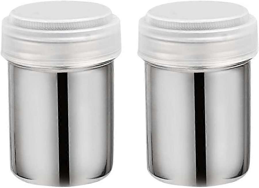 Set mit 2 Pulverstreuern aus Edelstahl mit Netzdeckel und durchscheinendem Kunststoff-Gebäckdeckel