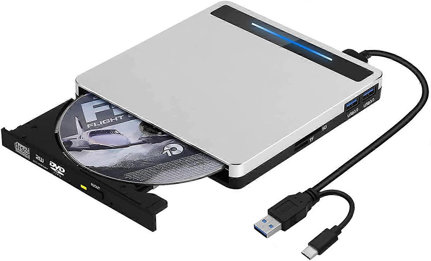 シルバー外付けCD DVDドライブUSB / Type-CスリムポータブルCD DVD 