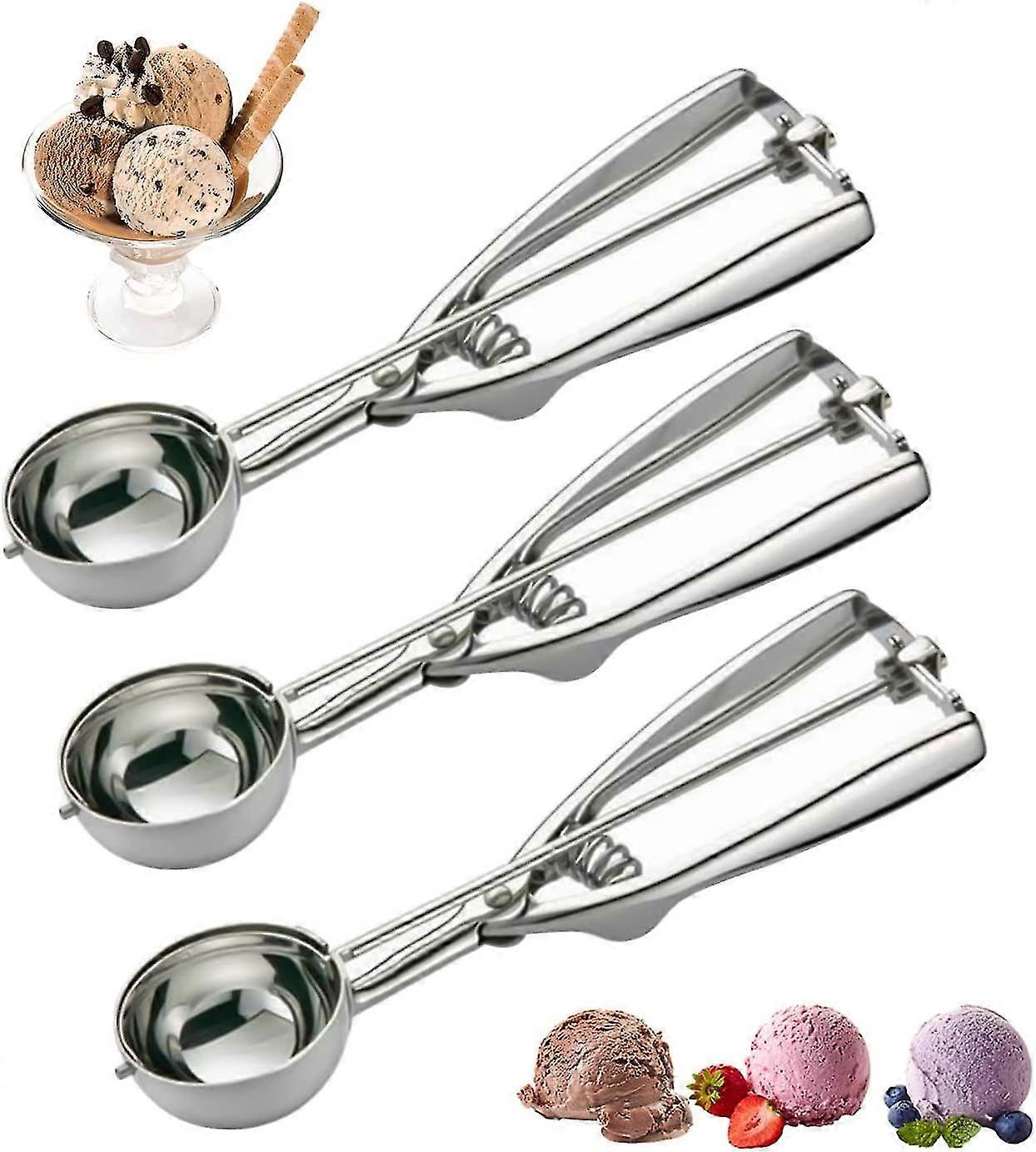 Ice Cream Scooper Set Of 3, Stainless Steel Ice Cream Scooper Set With Trigger, 3 Sizes Spring Loaded Ice Cream Scoops For Mashed Potatoes/cupcakes