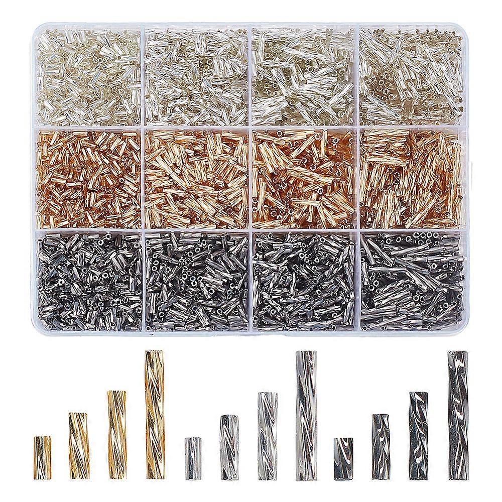 120G 12 Styles Glass Twisted Bugle Beads Metallic Colours Mixed Color 5~12x2mm Hole: 0.5mm 10g/style