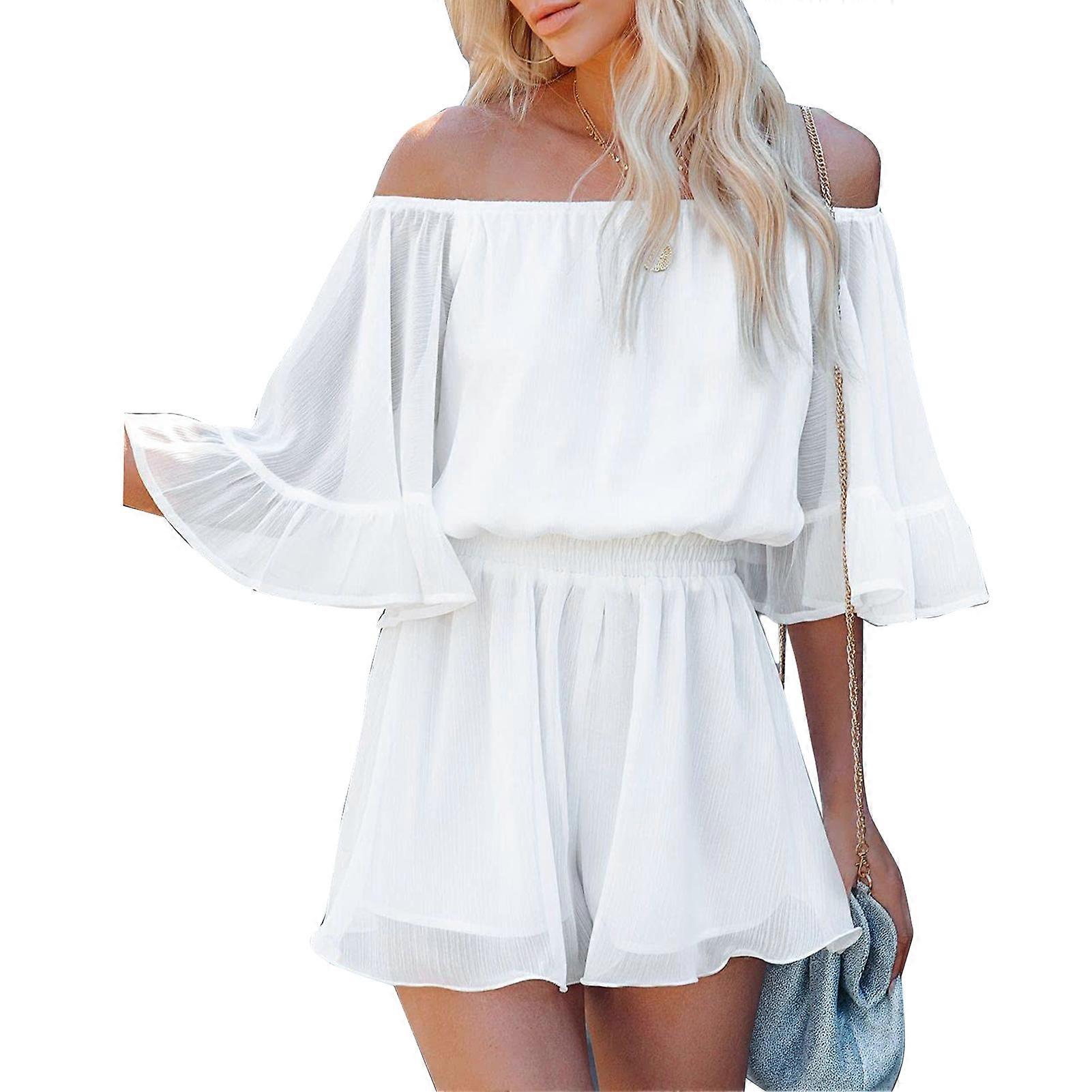 Épaule dénudée à volants manches barboteuses femmes été lâche casual taille élastique mousseline de soie combinaison pour fête blanc L