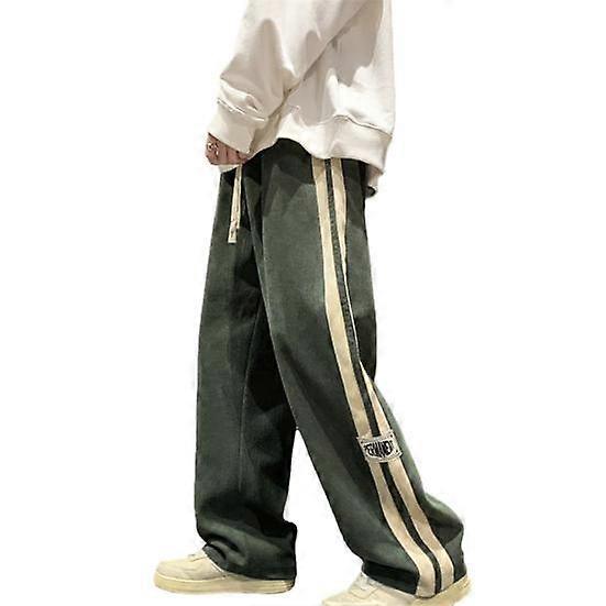 Men Pants Drawstring Elastic Waist Wide Leg Striped Retro Solid Color High Street Full Length Loose Soft Breathable Men Sweatpants Trousers