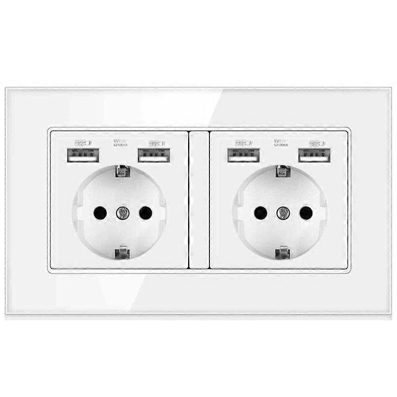 EU Power Outlet Socket with 4 USB Charger 5V/2.1A Two-slot German Wall Electrical Socket White Glass Panel 110V~250V