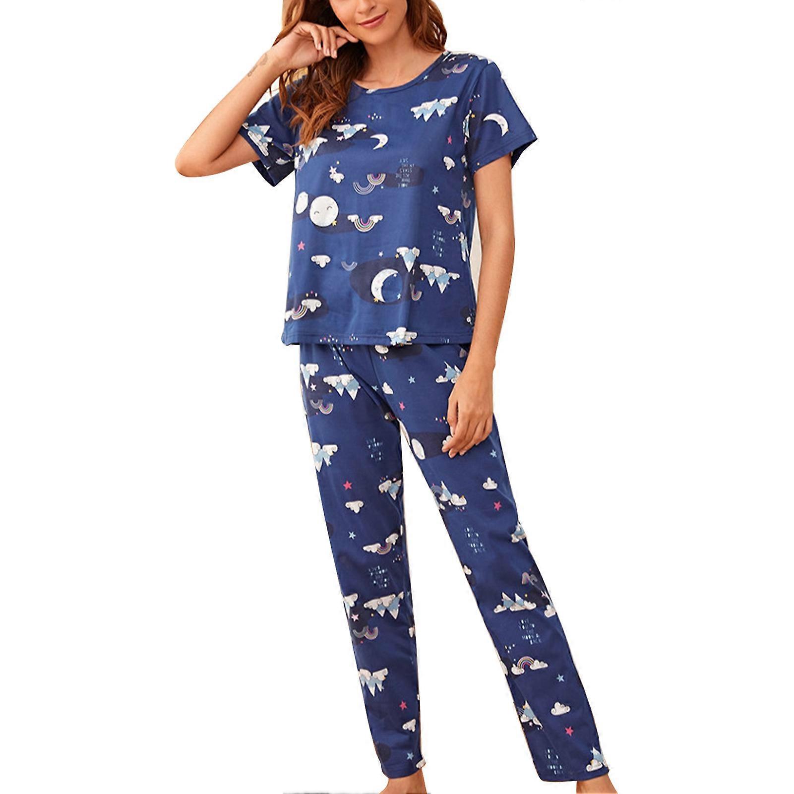 Pajamas Set Short Sleeved Top Stylish Printing Pattern Breathable Loose Round Neck Nightwear with Long Pants