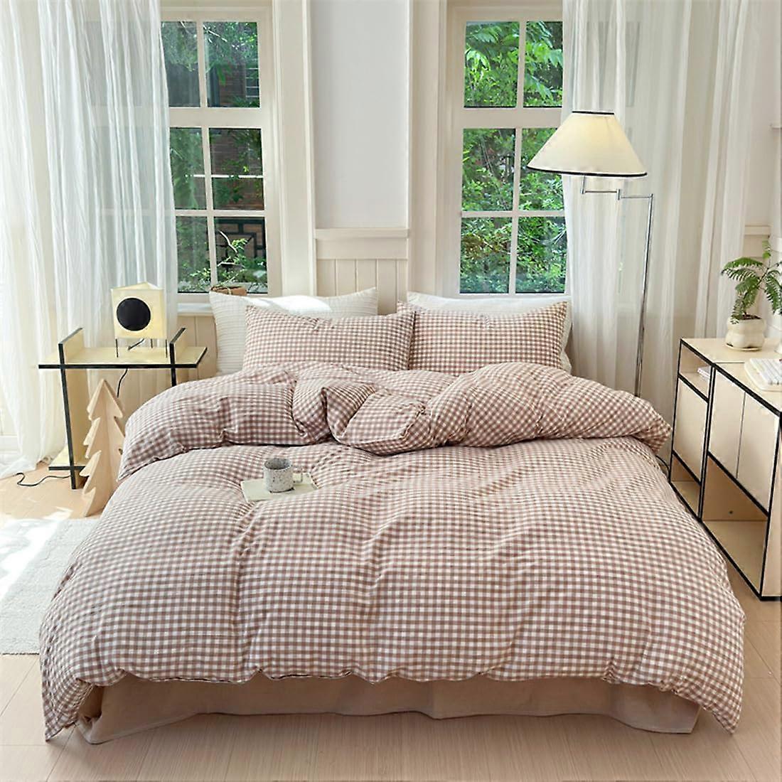 Tan Gingham Duvet Cover King Washed Cotton Beige Cream Checked Duvet Cover Set