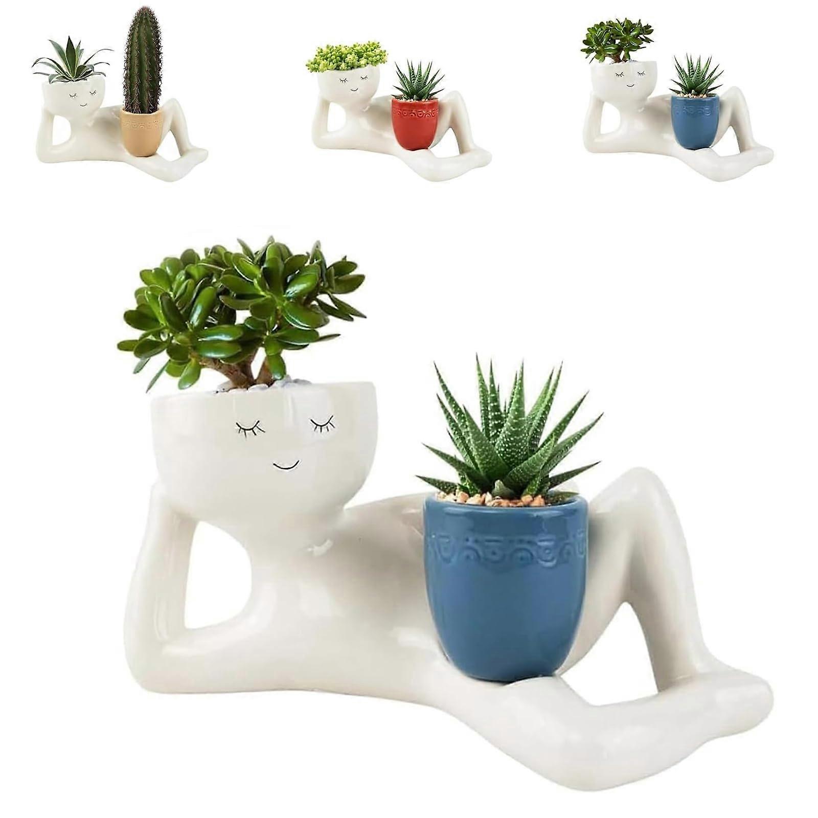 Lazy Guy Planter, Lazy Guy Planter Planters Pot,Funny Smily Face Pot (Blue)