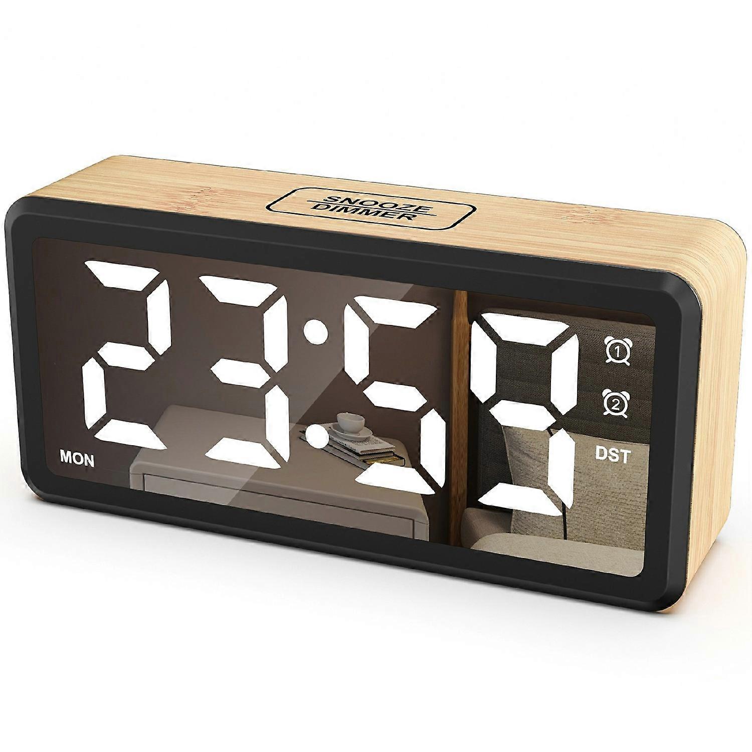 EN8839-A Wood Grain Digital Clock Large Characters Mirror Surface Daylight Saving Time Alarm Clock