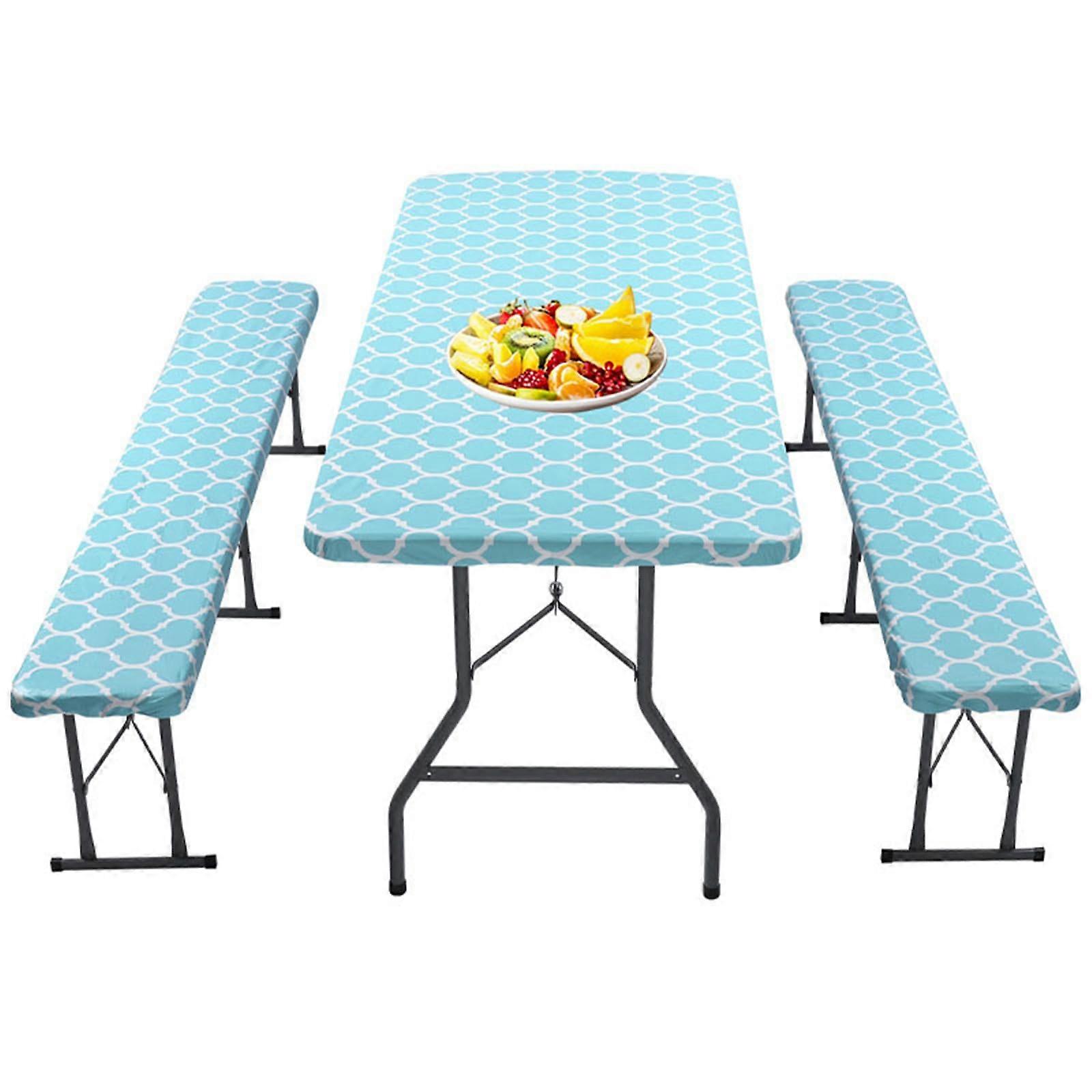 Beer Tent Set 3-Piece Tablecloth Rectangular Elastic Bench Covers Wipe-Clean Waterproof 72 x 30 Inches Blue Morocco